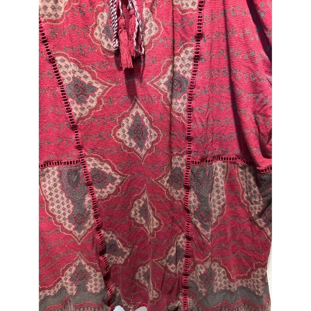 Lucky Brand Paceasant Top Women 1X Burgundy Medallion Print Tassel Lace Blouse - Picture 7 of 14